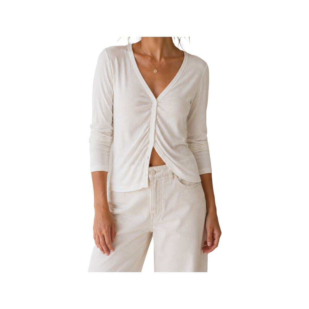 Gap Cream Ribbed V Neck Henley Long Sleeve Top Button Front Size M
